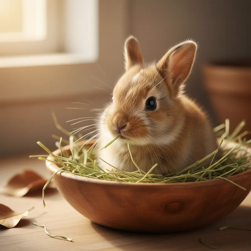 Bébé lapin lapereau de 3 semaines grignotant du foin de luzerne