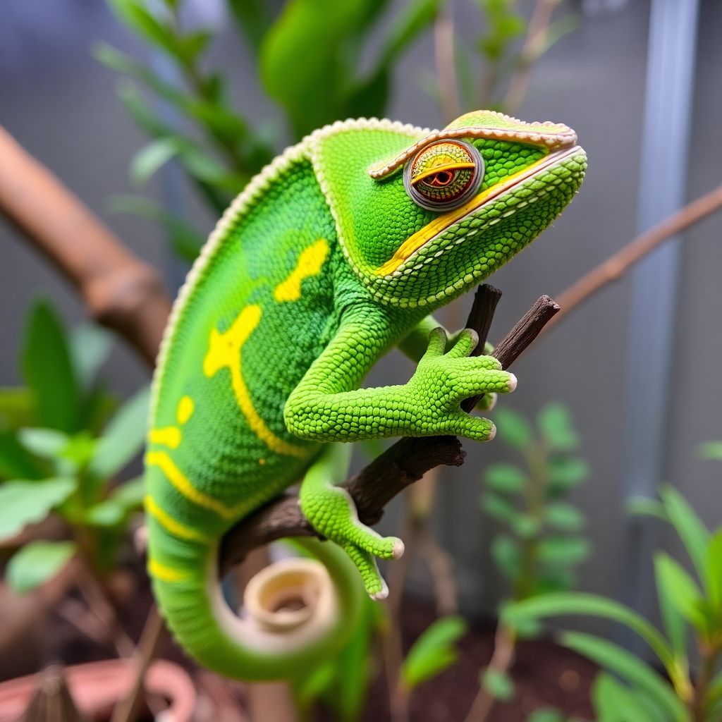 Caméléon casqué du Yémen vert sur une branche montrant ses couleurs