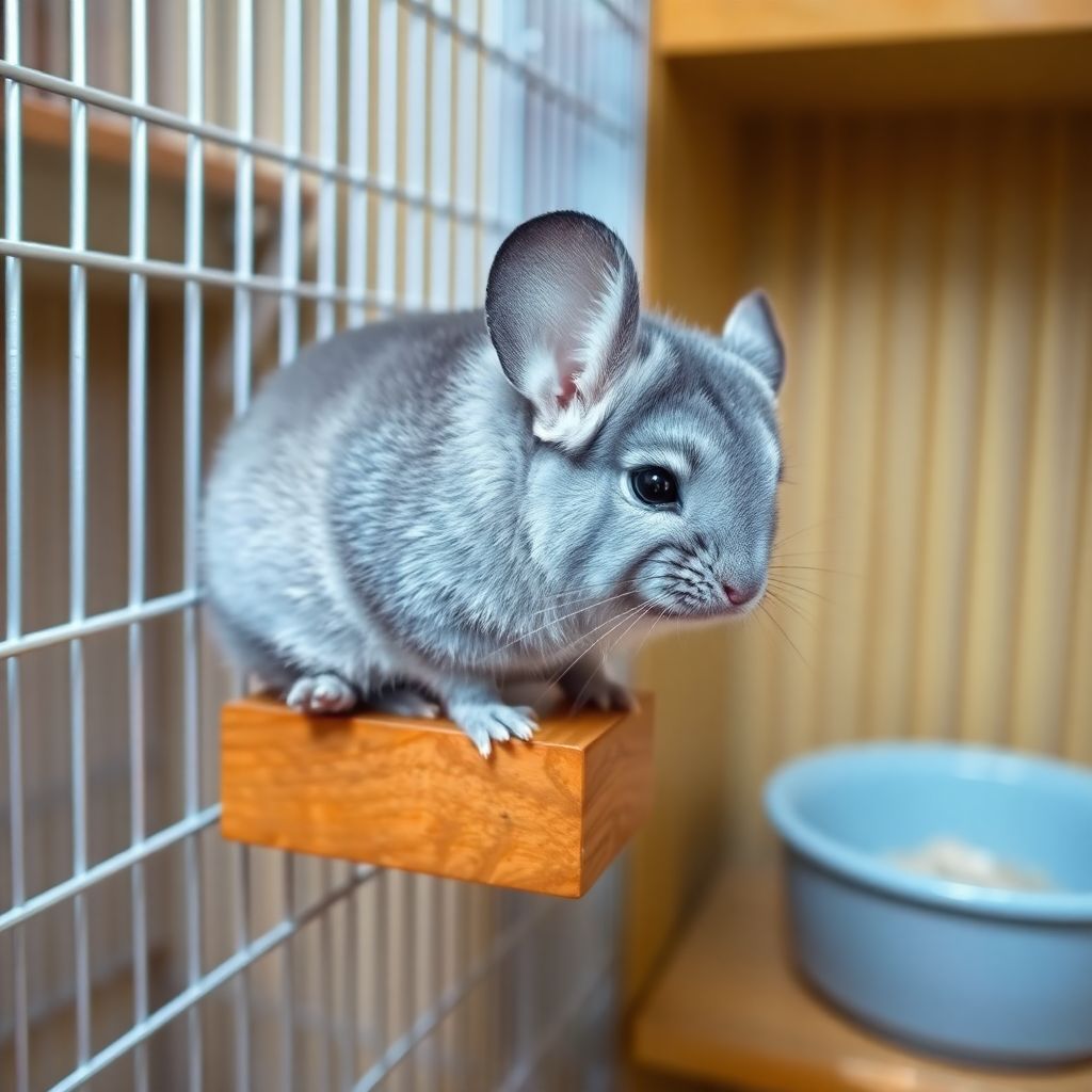Chinchilla gris dans sa cage avec plateau en bois et bain de sable