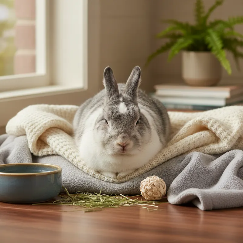 Lapin senior profitant d'une retraite paisible dans son environnement confortable