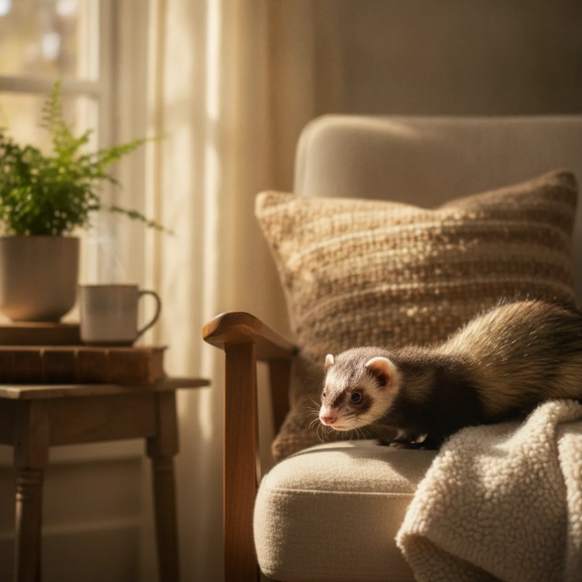 Furet domestique curieux dans un intérieur