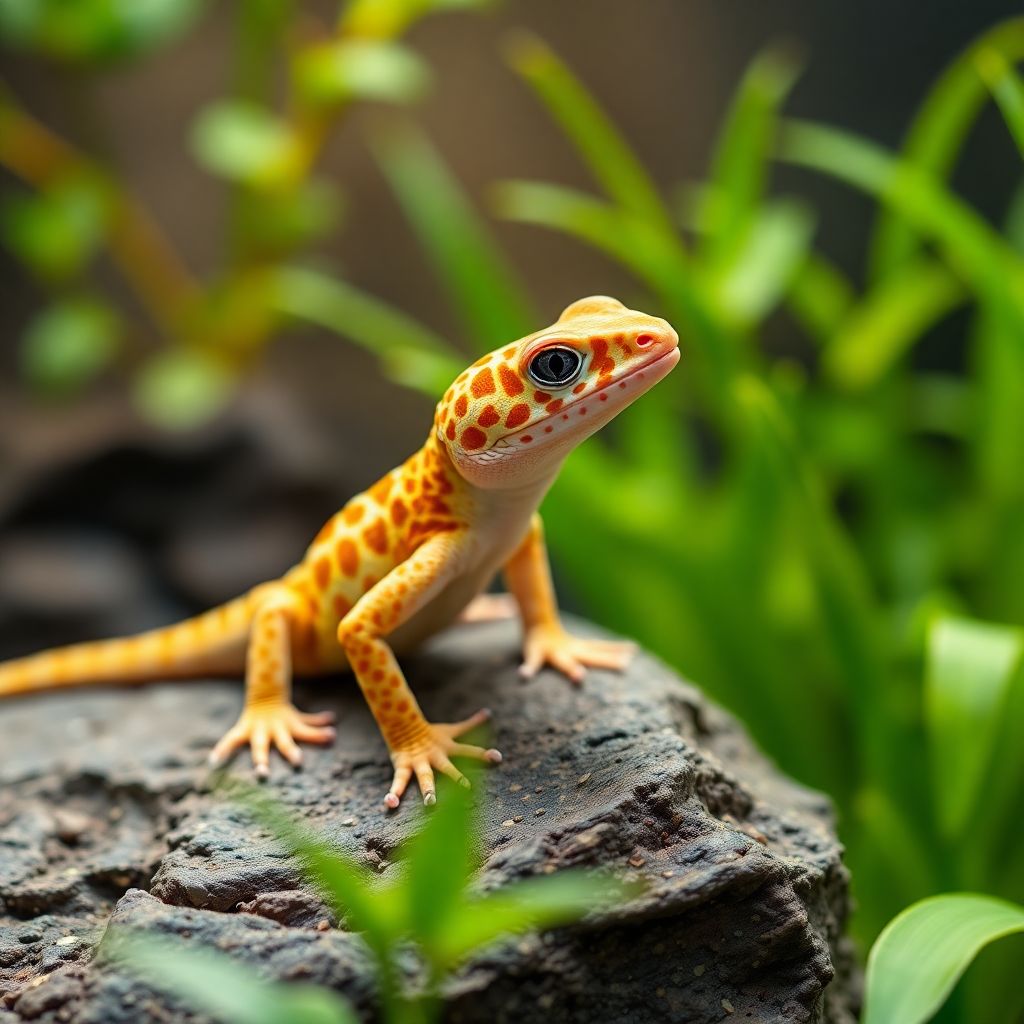 Gecko léopard sur une roche dans son terrarium naturel