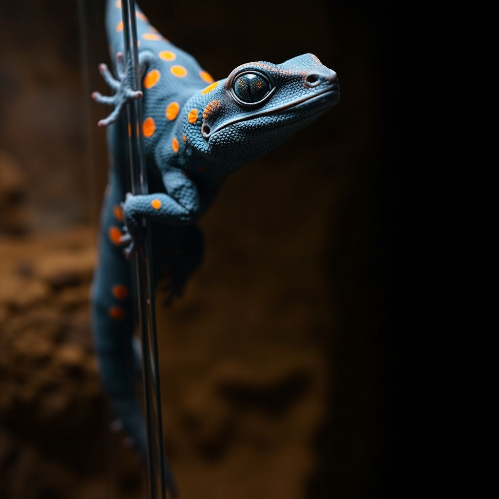 Gecko tokay bleu-gris avec points orange accroché à une paroi de terrarium