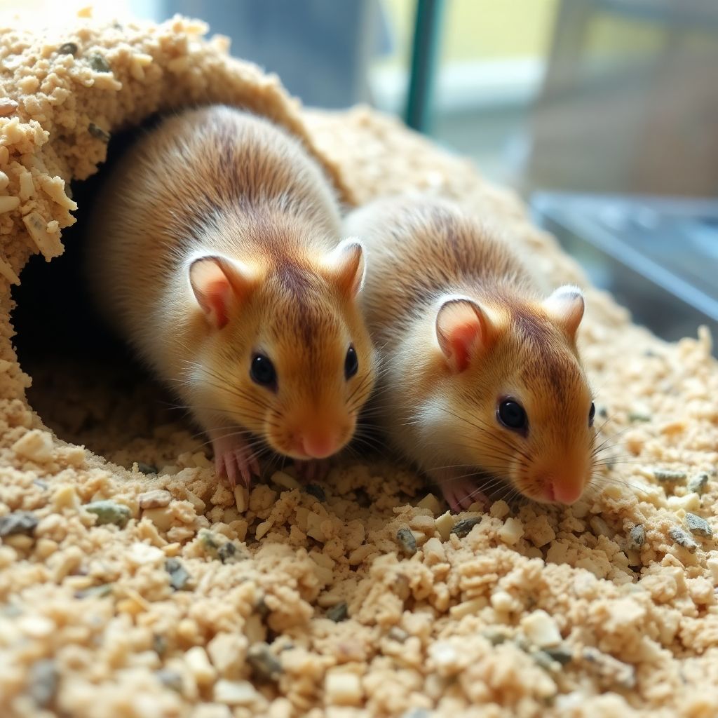 Deux gerbilles de Mongolie creusant dans une litière profonde