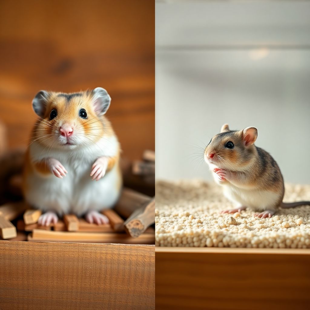 Hamster syrien et gerbille côte à côte dans leurs habitats respectifs