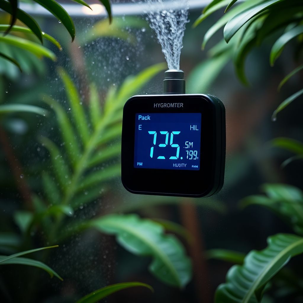 Hygromètre numérique affichant le taux d'humidité dans un terrarium tropical