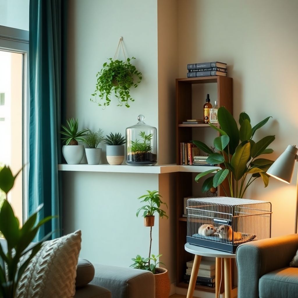 Petit terrarium esthétique avec un gecko dans un salon d'appartement