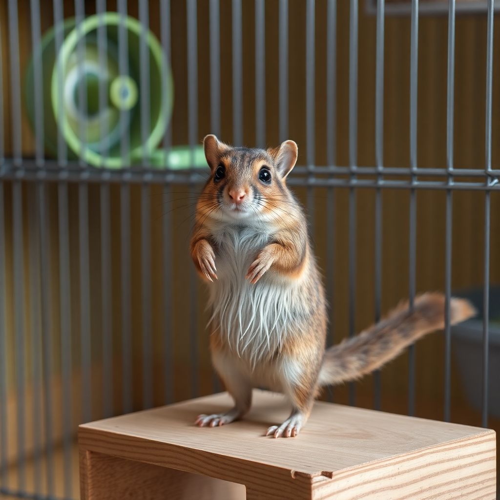 Octodon degus brun sur un plateau en bois dans sa cage