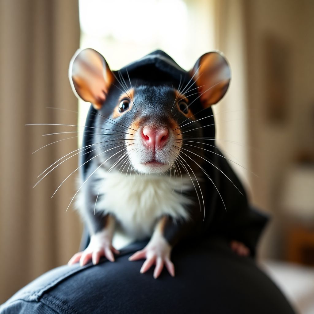 Rat domestique bicolore sur l'épaule de son propriétaire