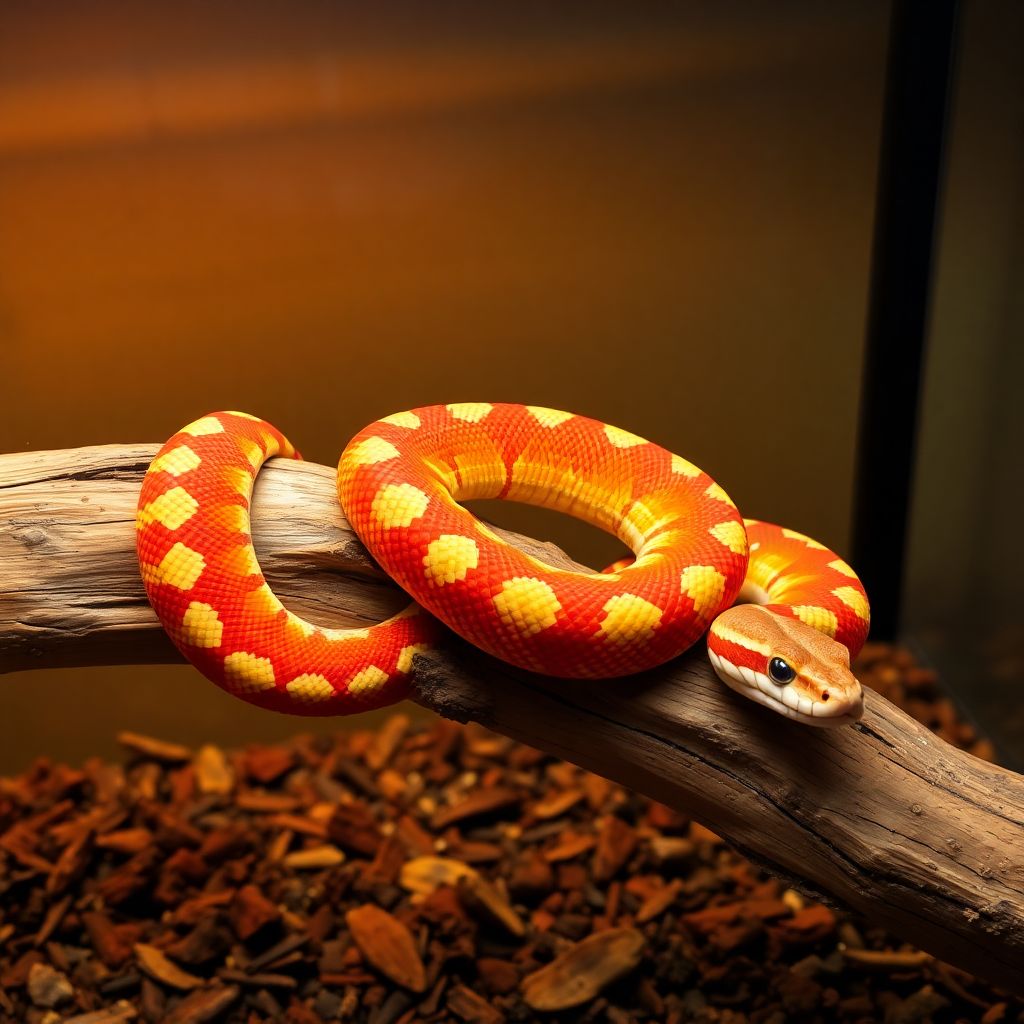 Serpent des blés orange et rouge enroulé sur une branche