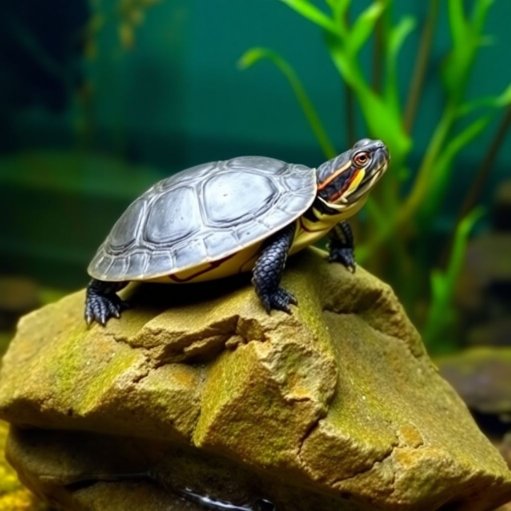 Tortue aquatique Trachemys scripta se prélassant sur une plage sous lampe UVB