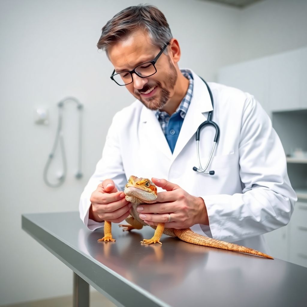 Vétérinaire NAC examinant un pogona lors d'une consultation